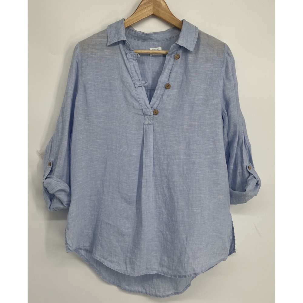 Sigrid Olsen Linen Shirt Womens M Light Blue Roll Tab Coastal Light Relaxed Fit